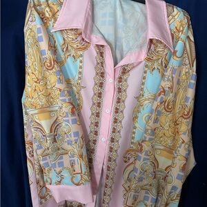SHEIN Pink and Blue Baroque Print Blouse